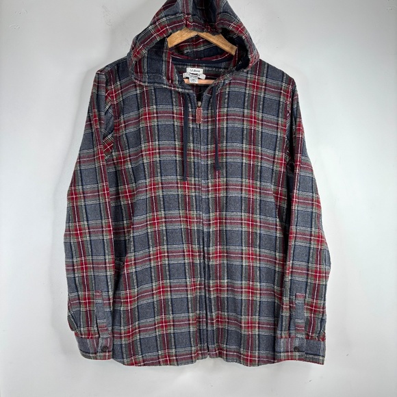 LL Bean Flannel Hoodie XL Plaid Zip Pocket Fall Jacket Gorpcore Hiking Fisherman - Picture 1 of 10